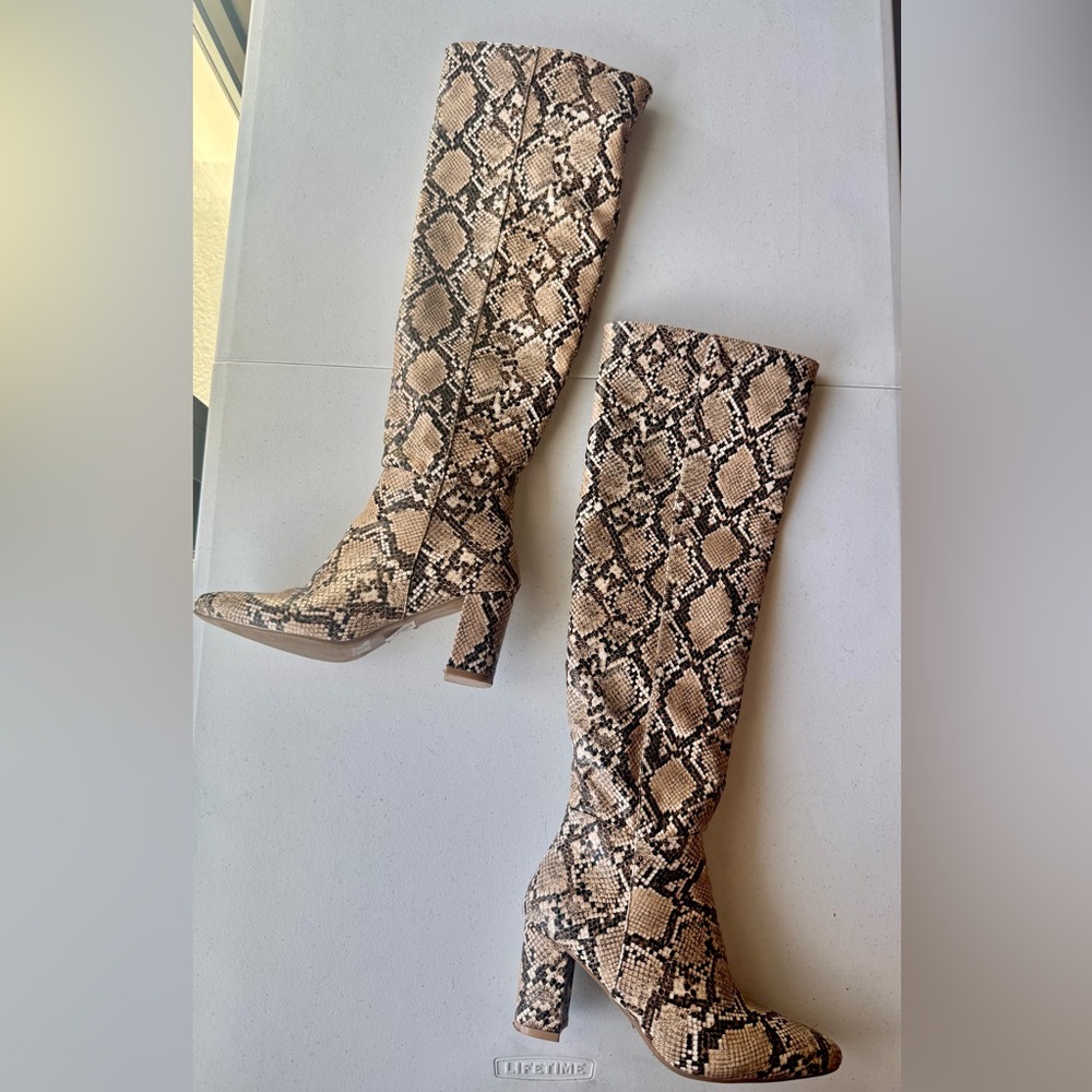 Faux Snakeskin Knee-High Boots